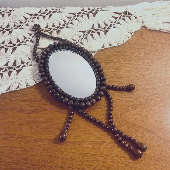Vintage Wood Beaded Tassel Hanging Oval Accent Mirror 70s Retro Boho Decor - Picture 1 of 10